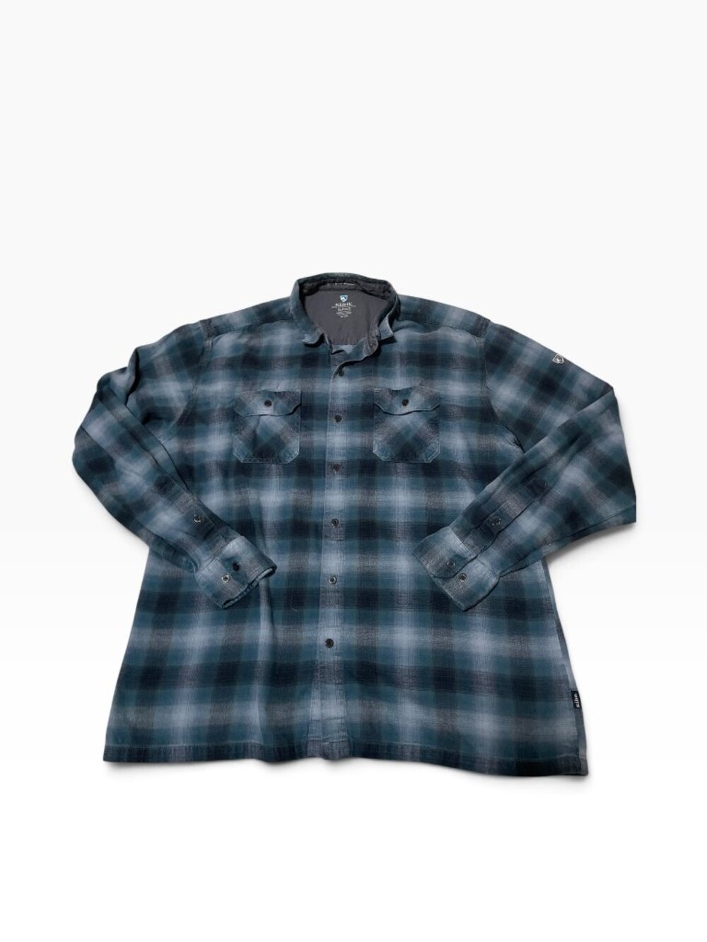 Kuhl Dillingr 7186 Blue Plaid Flannel Long Sleeve Outdoors Short Mens Sz XL